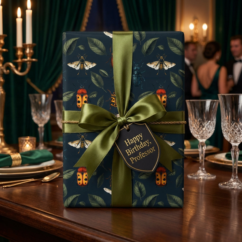 Elegant birthday gift wrapped in insect-themed paper with a satin olive ribbon and personalized tag.