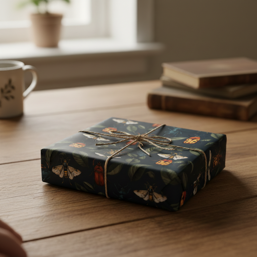 Dark botanical gift wrap with insect pattern and twine ribbon.