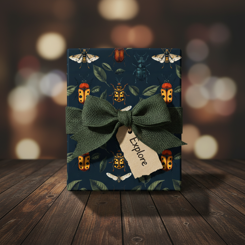 Present wrapped in unique bug-themed wrapping paper with a green burlap bow and "Explore" tag.
