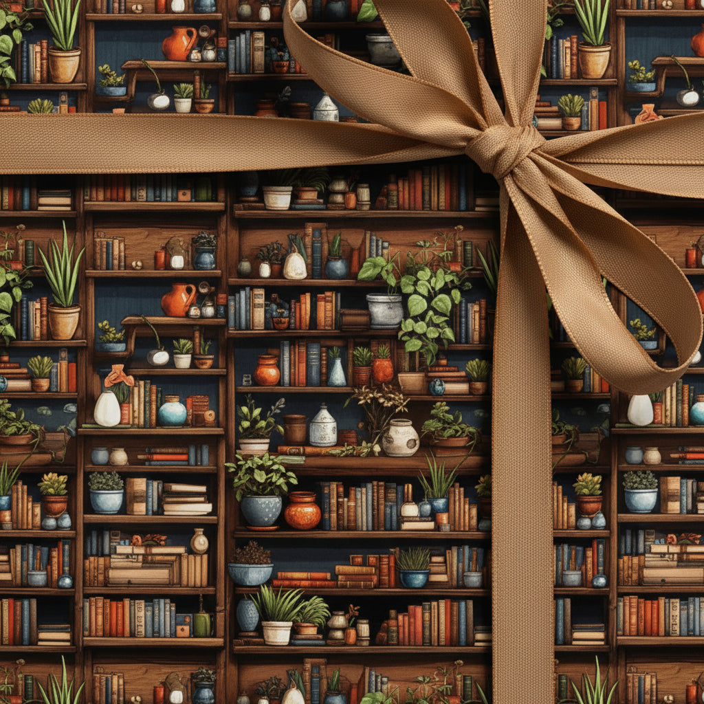 Elegant gift wrap with a bookshelf and plant pattern, tied with a tan ribbon.