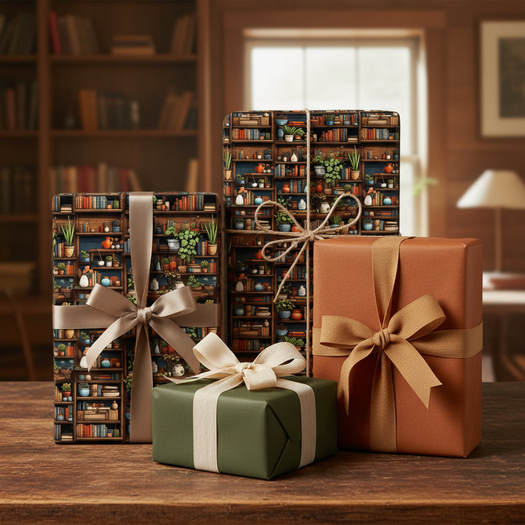 Gifts wrapped in bookshelf-patterned wrapping paper with elegant ribbon, ideal for book lovers' birthday or holiday presents.