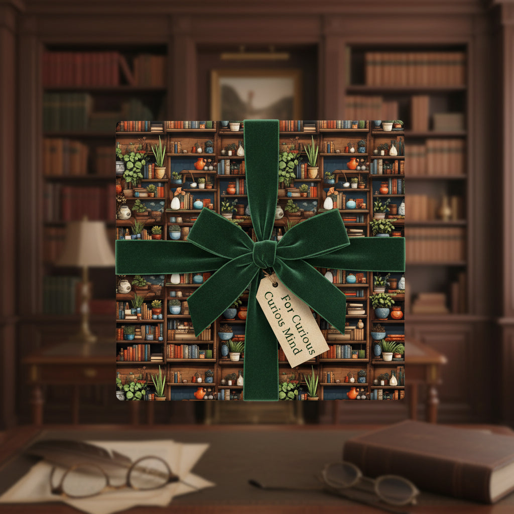 Gift wrapped in bookshelf print wrapping paper, tied with a green velvet bow.