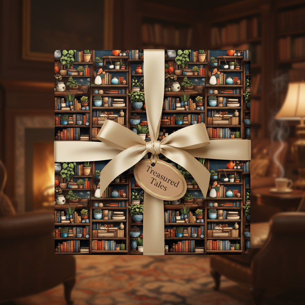 Book lovers gift wrap with bookshelf pattern and gold ribbon in cozy, vintage interior.