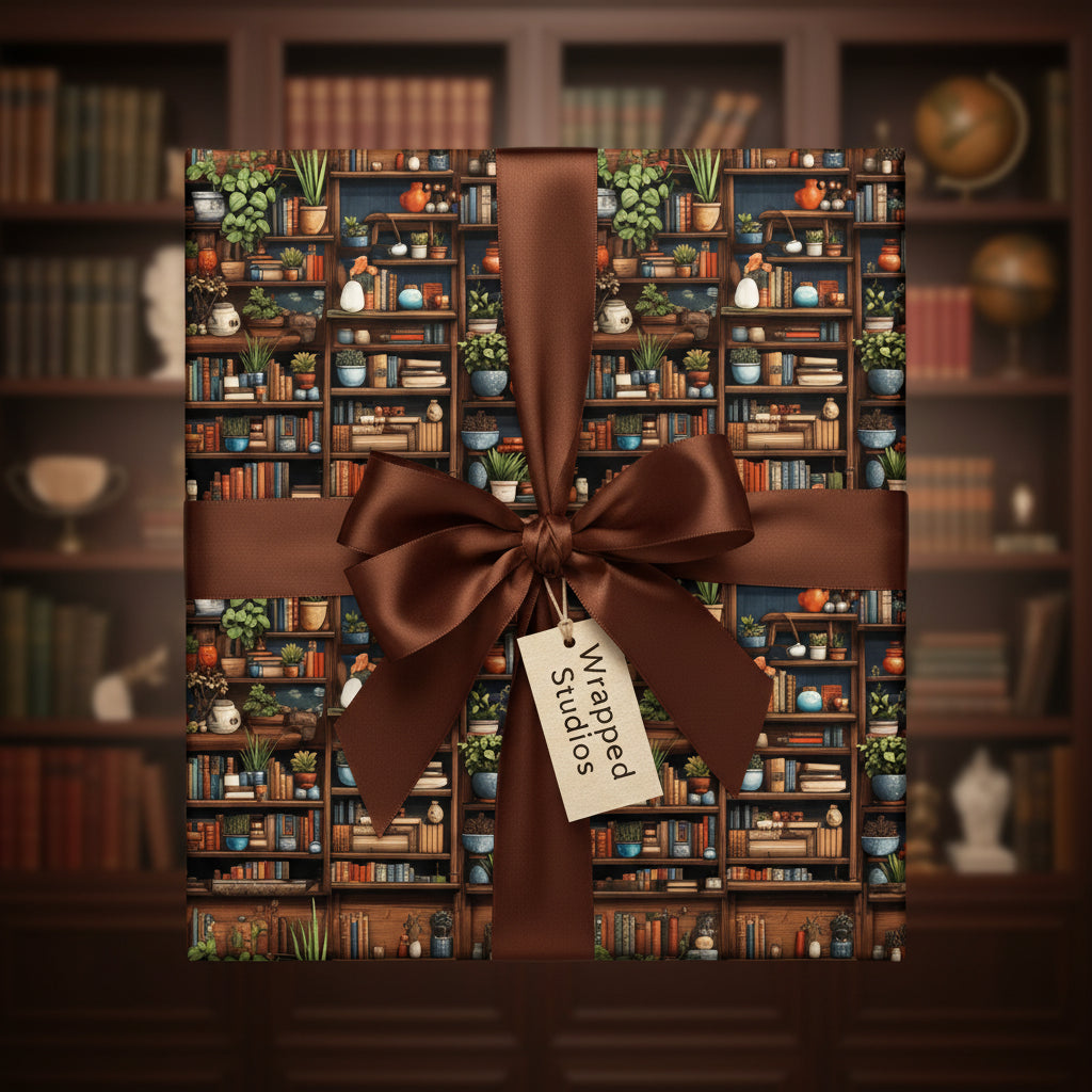 Gift box in bookcase-themed wrapping paper with brown satin ribbon, perfect for a book lover's birthday.