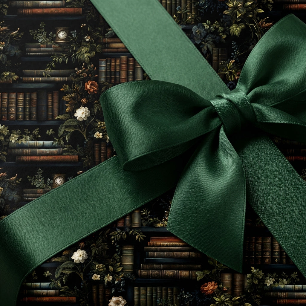 Elegant botanical wrapping paper with vintage bookshelf design and satin green ribbon.