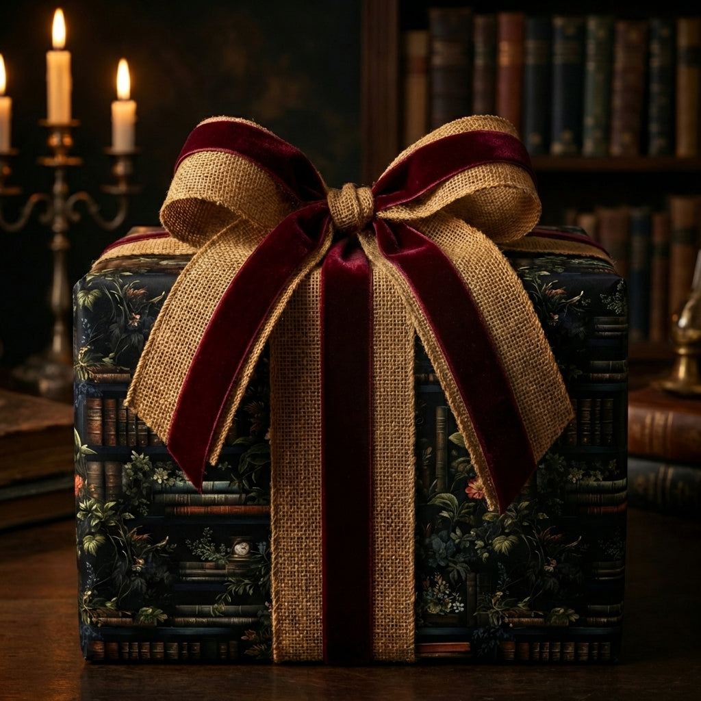 Elegant gift wrap featuring a floral bookshelf pattern with burlap and velvet ribbon.