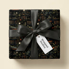 Square gift wrapped in vintage-style bookshelf & floral wrapping paper with dark gray satin ribbon.