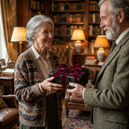 Elegant floral gift wrap with red velvet ribbon for a Christmas or birthday present exchange.
