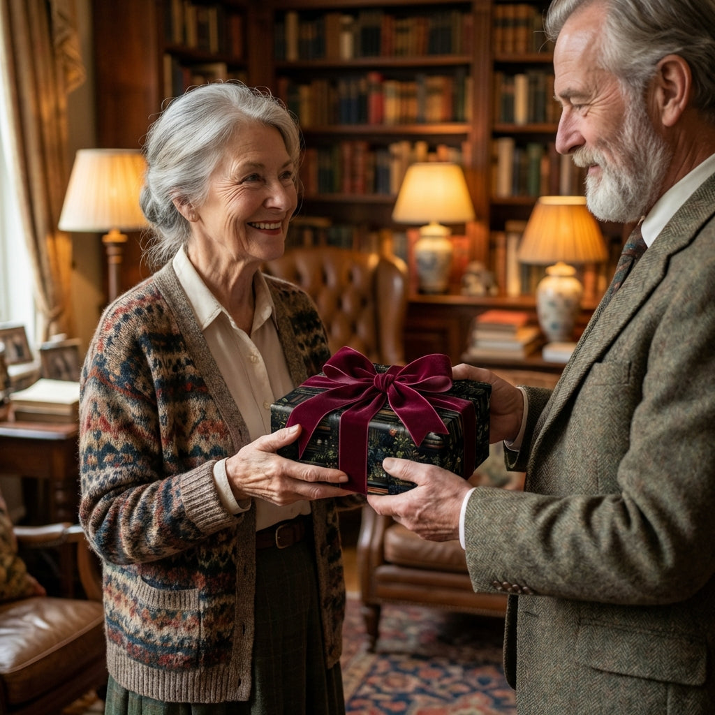 Elegant floral gift wrap with red velvet ribbon for a Christmas or birthday present exchange.