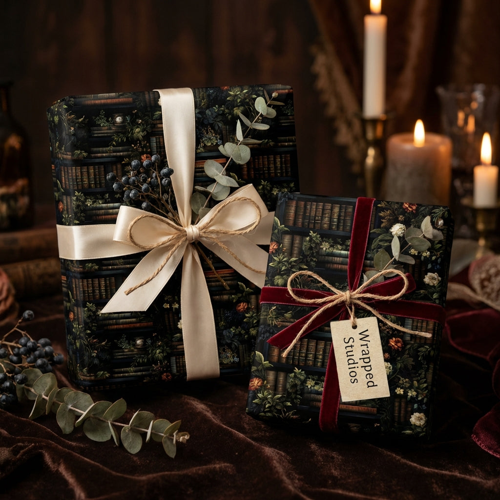 Elegant gifts wrapped in botanical library wrapping paper with ribbons and candles.