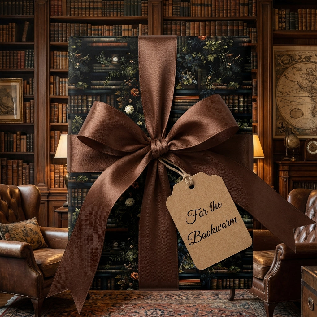 Elegant floral wrapping paper on a large gift, tied with a brown satin ribbon, for a bookworm.