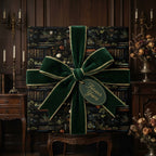 Elegant botanical library wrapping paper with a velvet green bow for luxury gifts.
