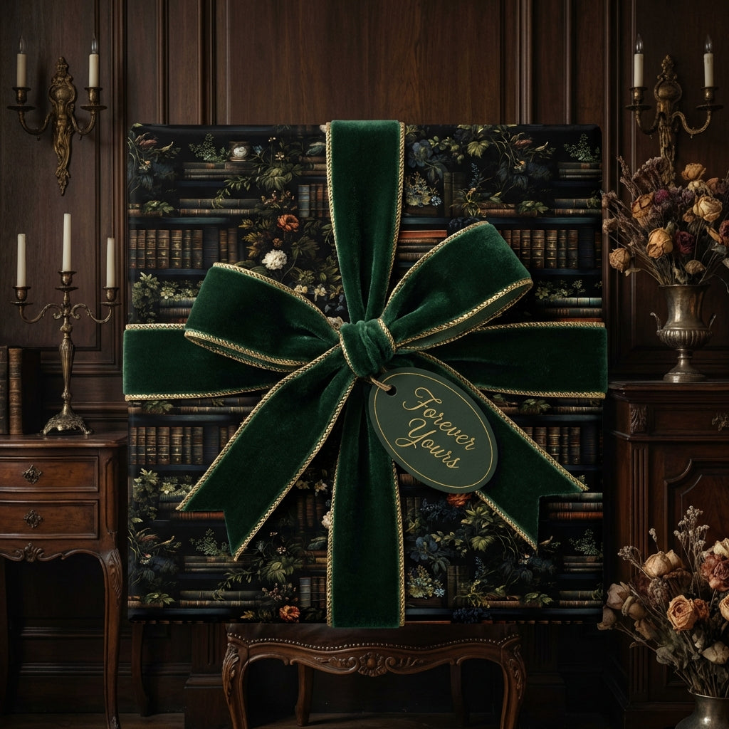 Elegant botanical library wrapping paper with a velvet green bow for luxury gifts.