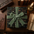 Elegant gift wrapped in bookshelf-themed wrapping paper with sage velvet ribbon.
