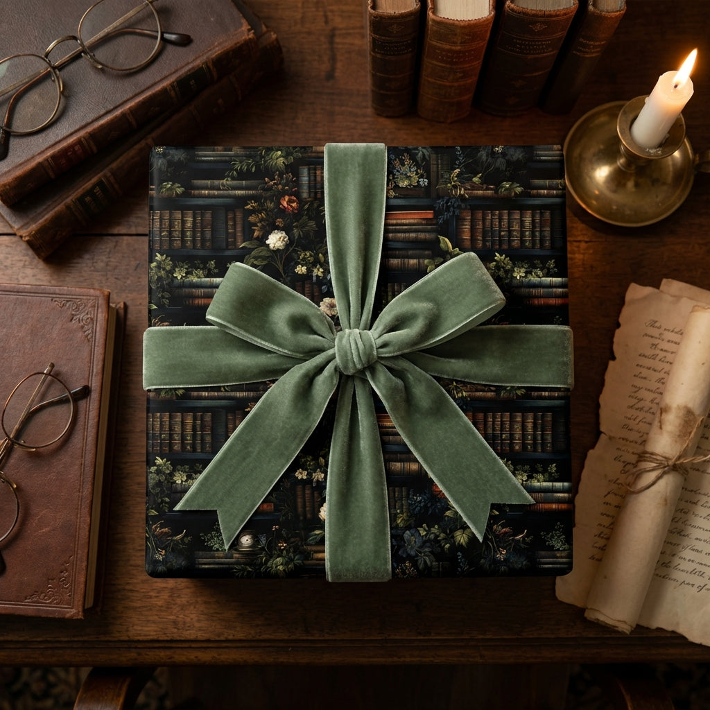 Elegant gift wrapped in bookshelf-themed wrapping paper with sage velvet ribbon.