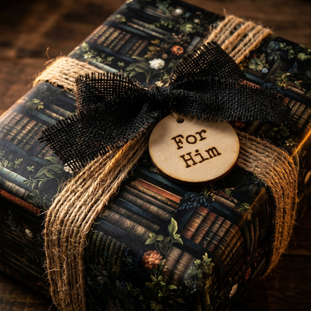 Masculine "For Him" gift wrapped in bookshelf-print wrapping paper with burlap bow and twine.
