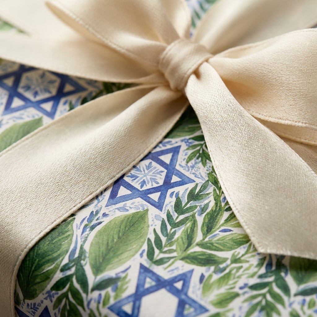 Hanukkah wrapping paper with blue Stars of David, green leaves, and cream bow by Wrapped Studios.