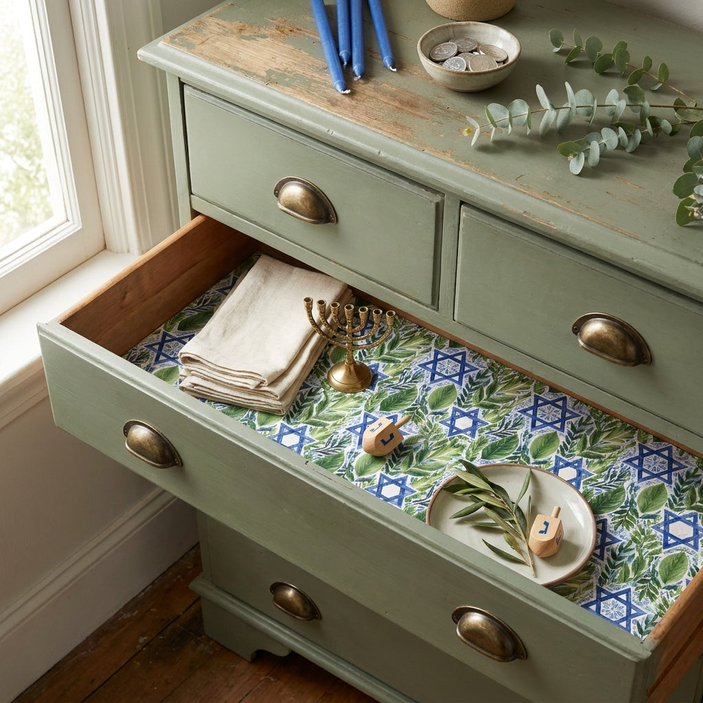 Hanukkah wrapping paper with Star of David and botanical pattern lining a drawer by Wrapped Studios.