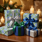 Hanukkah wrapping paper with blue Star of David and green leaf design on gifts by Wrapped Studios.