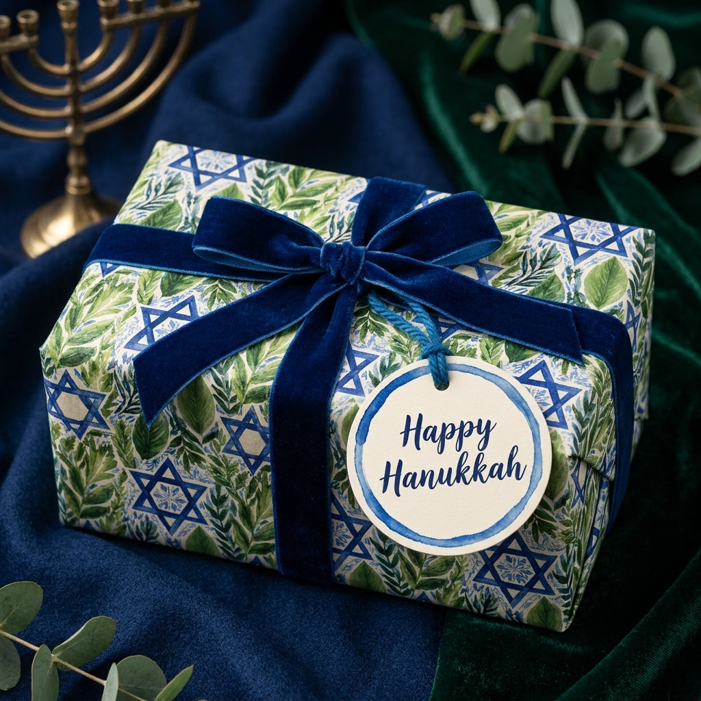 Luxury Hanukkah gift wrap with botanical Star of David pattern and blue velvet ribbon by Wrapped Studios.
