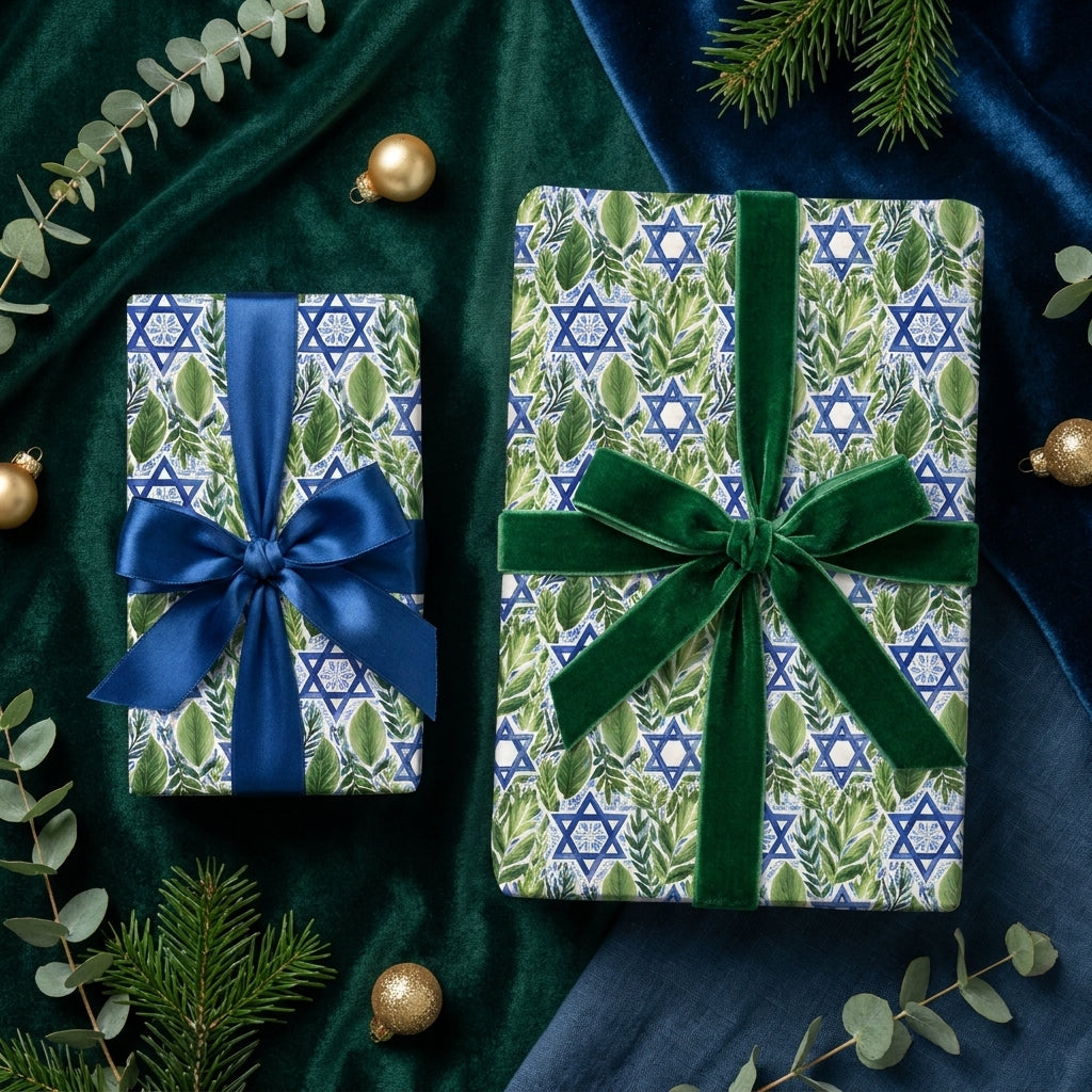 Luxury botanical Hanukkah wrapping paper with Star of David print and elegant bows by Wrapped Studios.