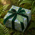 Luxury Hanukkah wrapping paper with botanical Star of David pattern and green velvet ribbon by Wrapped Studios.