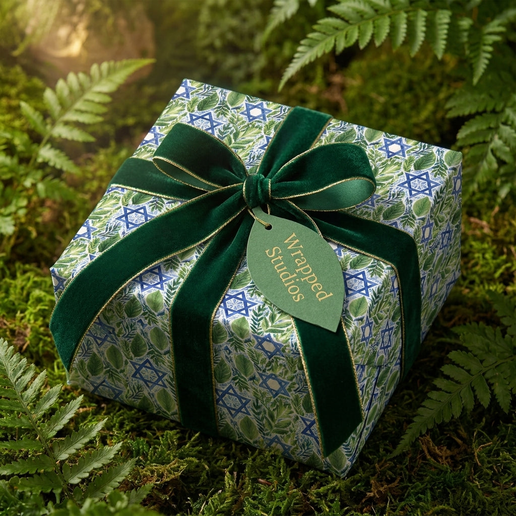 Luxury Hanukkah wrapping paper with botanical Star of David pattern and green velvet ribbon by Wrapped Studios.