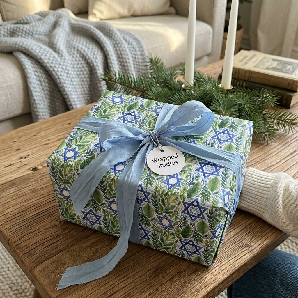Hanukkah wrapping paper with blue Star of David botanical pattern and ribbon by Wrapped Studios.