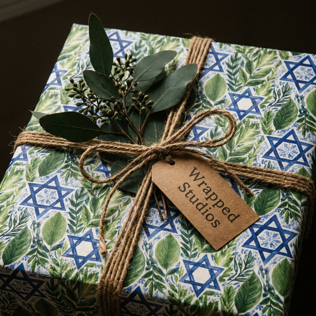 Elegant Hanukkah gift wrap with blue Star of David and green foliage, tied with twine by Wrapped Studios.