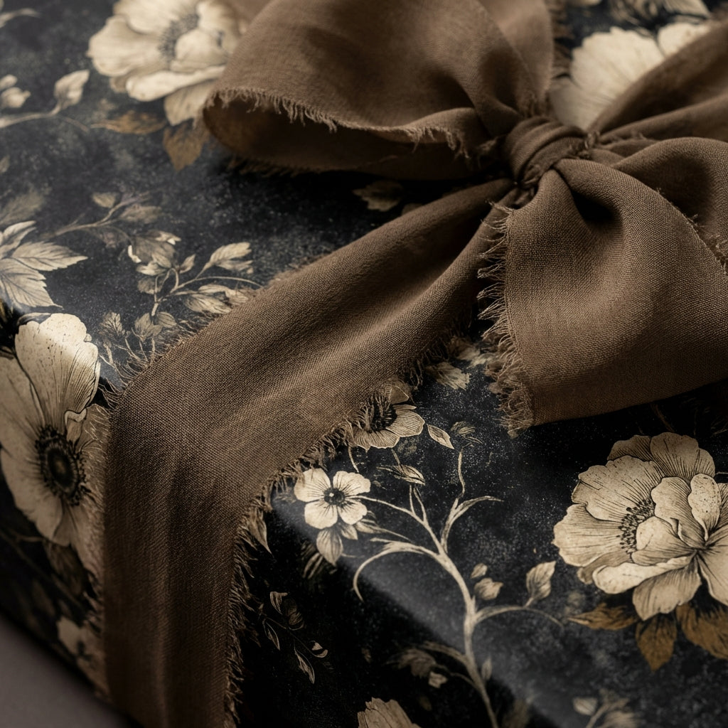 Elegant floral wrapping paper with a taupe frayed ribbon from Wrapped Studios.