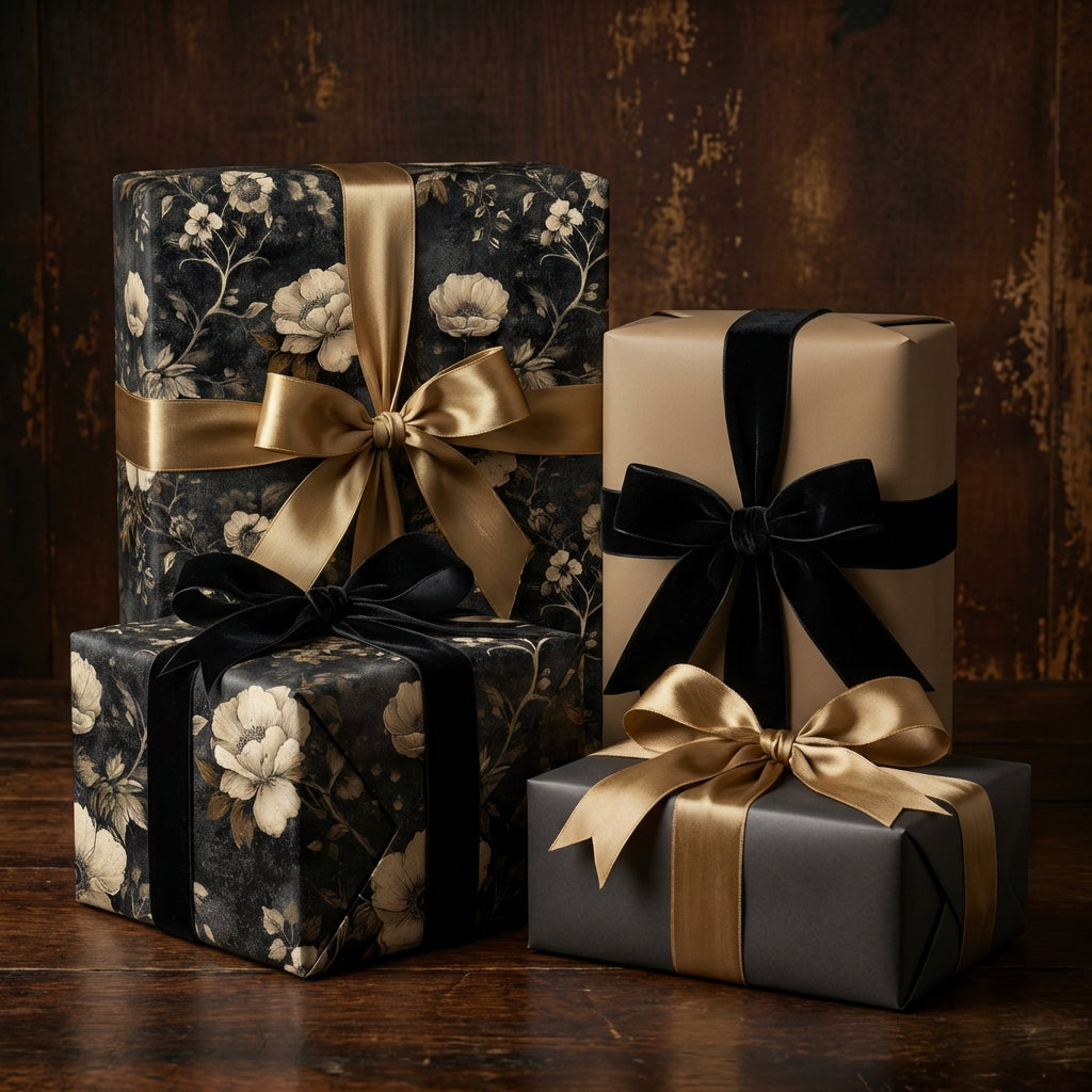 Luxury gift wrap with black floral pattern and gold ribbon. Elegant presents for birthdays or holidays.