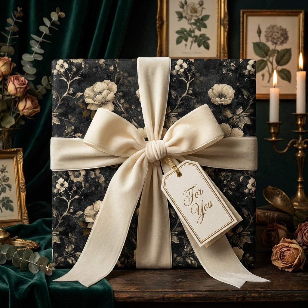 Elegant gift wrapped in dark floral wrapping paper with ivory velvet ribbon and "For You" tag.