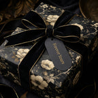 Elegant gift wrapped in floral wrapping paper, featuring a black velvet ribbon and "Forever Yours" tag.