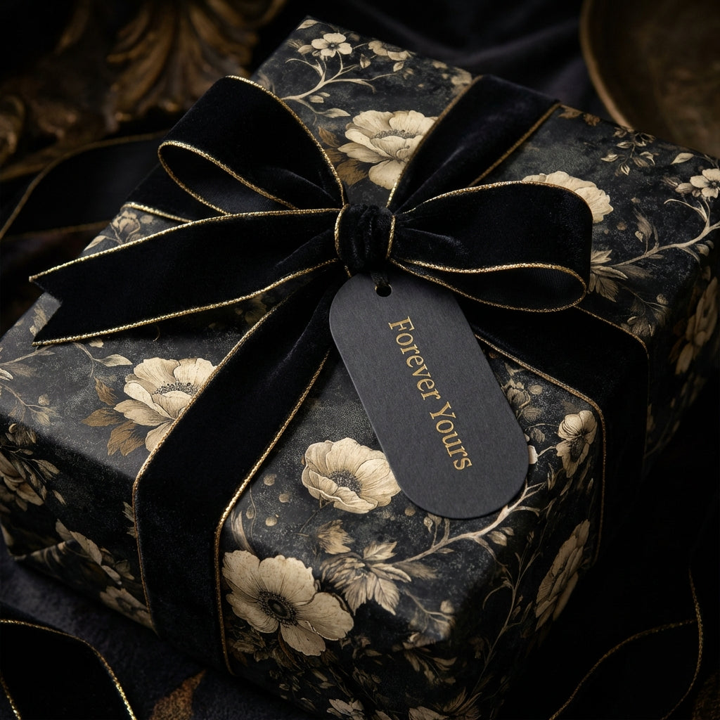 Elegant gift wrapped in floral wrapping paper, featuring a black velvet ribbon and "Forever Yours" tag.
