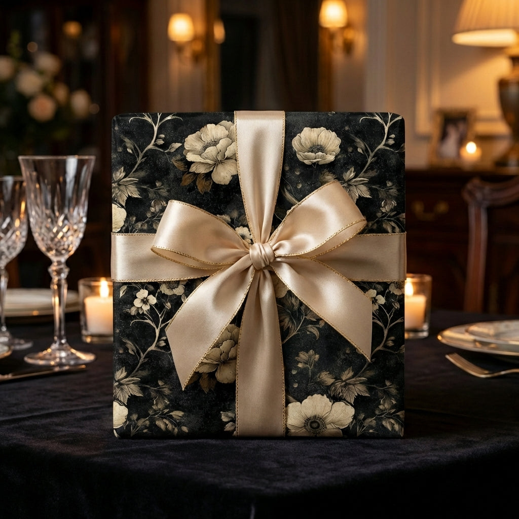 Elegant gift wrapped in black floral wrapping paper with a gold satin bow.