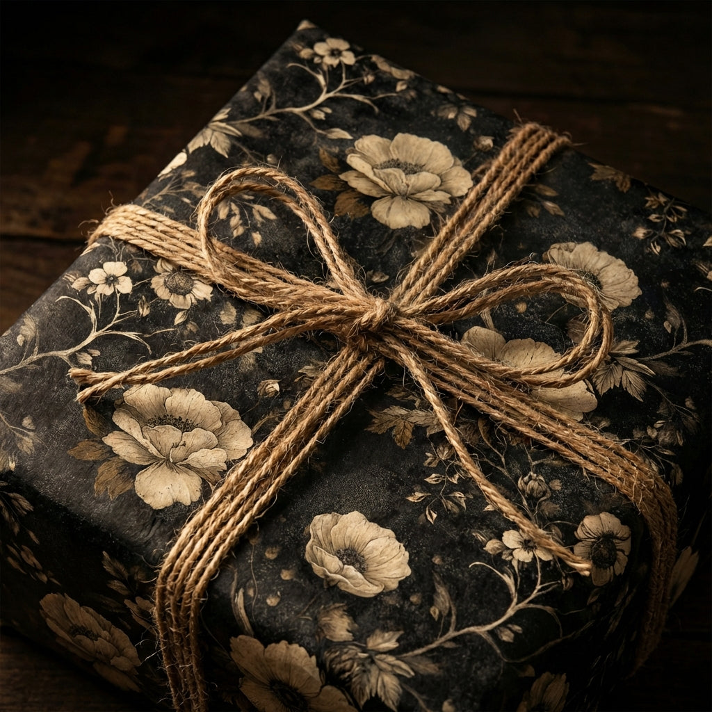 Dark floral wrapping paper with twine bow, rustic gift wrap style.