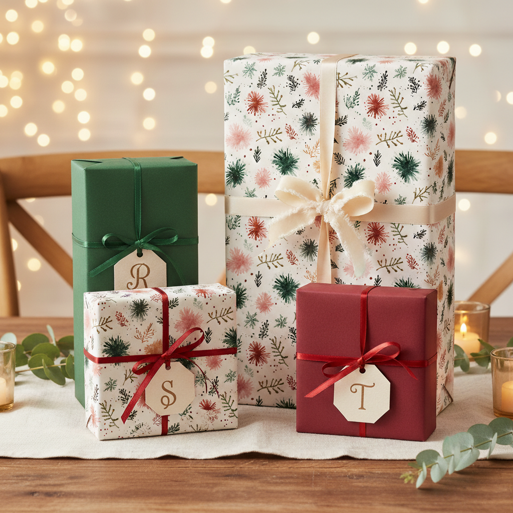 Elegant Christmas gift wrap featuring a white floral and greenery pattern, forest green and burgundy solid paper, with coordinating ribbons and personalized tags, all set on a rustic wooden table with soft, twinkling lights in the background.