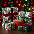 Festive Christmas presents wrapped in elegant, ornament-themed gift wrap with red and green ribbons.