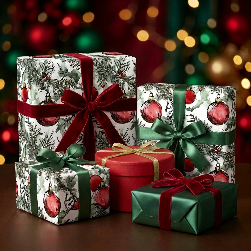 Festive Christmas presents wrapped in elegant, ornament-themed gift wrap with red and green ribbons.