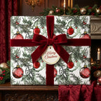 Elegant Christmas gift wrapped in floral wrapping paper with a red velvet bow and "Merry Christmas" tag.
