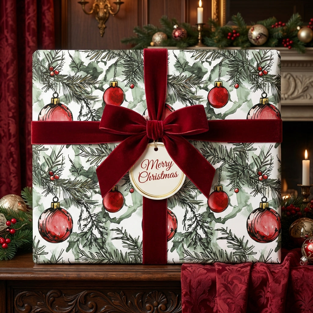 Elegant Christmas gift wrapped in floral wrapping paper with a red velvet bow and "Merry Christmas" tag.