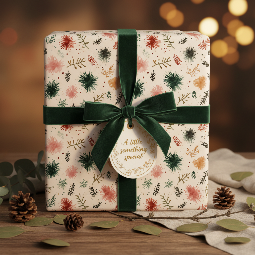 Elegant Christmas gift wrap with a festive botanical pattern, tied with a luxurious green velvet ribbon and a "something special" tag, on a rustic wooden table with pinecones.