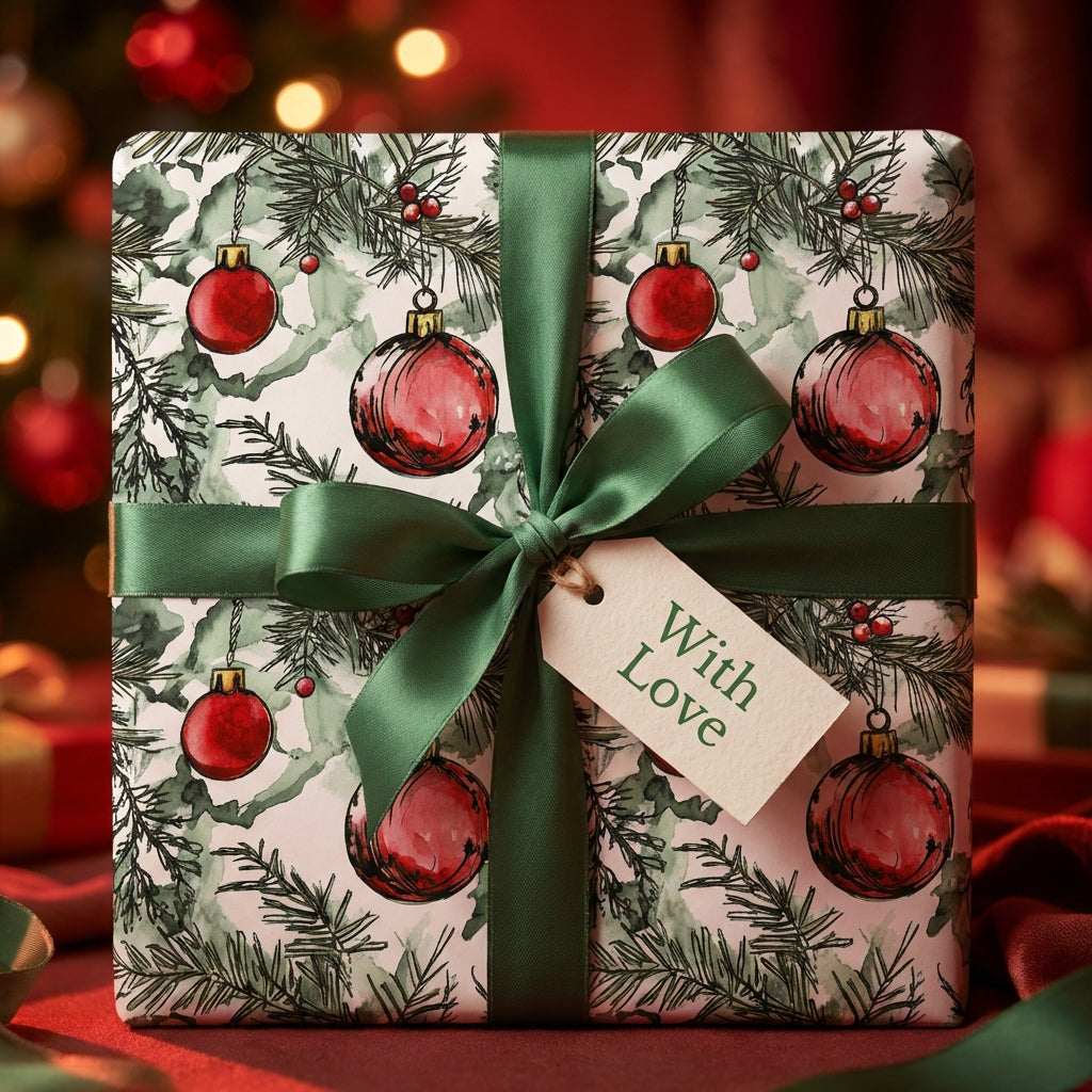 Square gift wrapped in festive Christmas wrapping paper with a green ribbon and “With Love” tag.