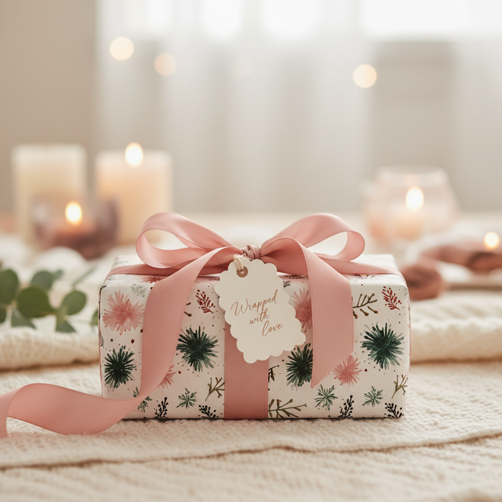 Elegant pink and green floral gift wrap with a satin ribbon and "Wrapped with love" tag, perfect for a cozy, festive occasion.
