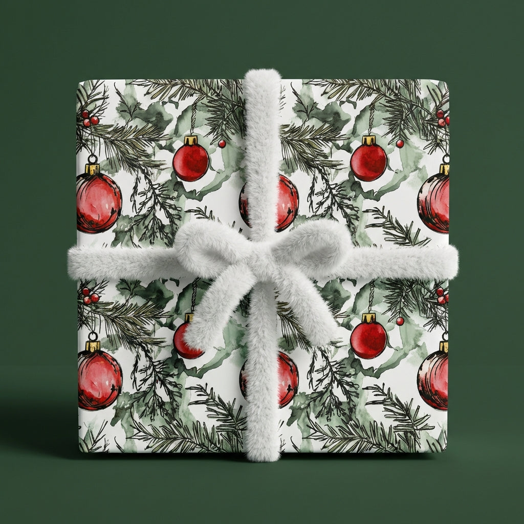 Christmas gift wrap with a red ornaments and pine branch pattern, tied with fluffy white ribbon.