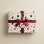 Elegant white floral wrapping paper with watercolor flowers in pink, red, and green, tied with a luxurious deep red satin ribbon and "With Love" tag.
