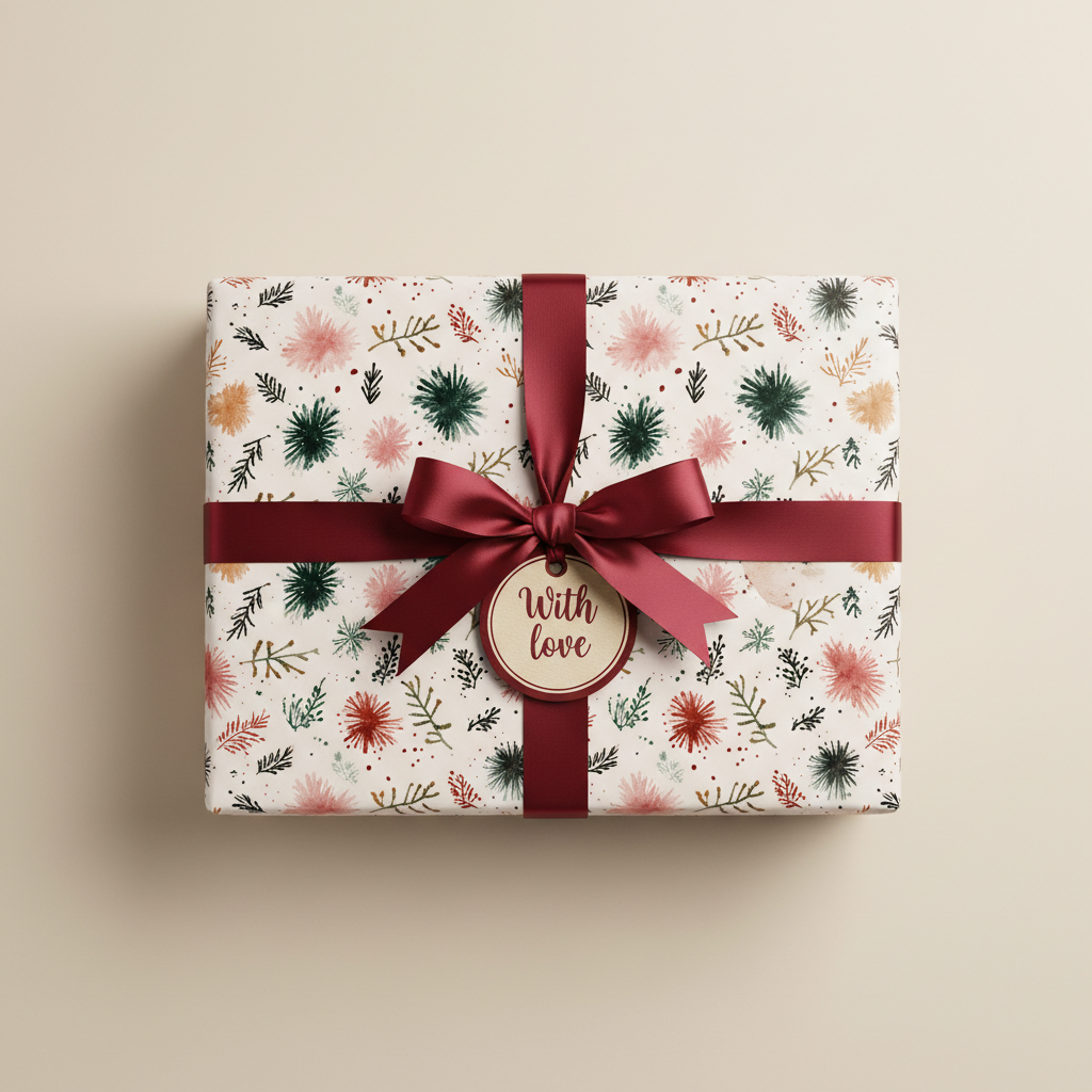 Elegant white floral wrapping paper with watercolor flowers in pink, red, and green, tied with a luxurious deep red satin ribbon and "With Love" tag.