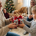 Child exchanging a Christmas gift wrapped in ornament patterned paper with a red ribbon.