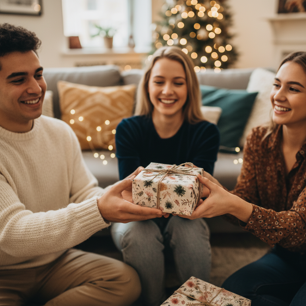 Friends exchanging a Christmas gift wrapped in rustic floral paper with twine, festive tree in background.