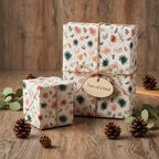 Rustic floral wrapping paper with green, pink, and orange botanicals, tied with twine and a "Two of a kind" tag, surrounded by pinecones and eucalyptus.